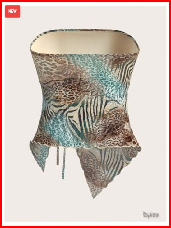 Cheetah Print Tube Top Strapless Bandeau Crop Top Mesh Sheer Rave Clubwear - Picture 4 of 6